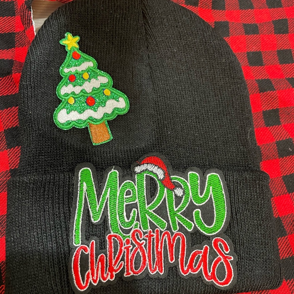 Black Merry Christmas Beanie with Tree Patch